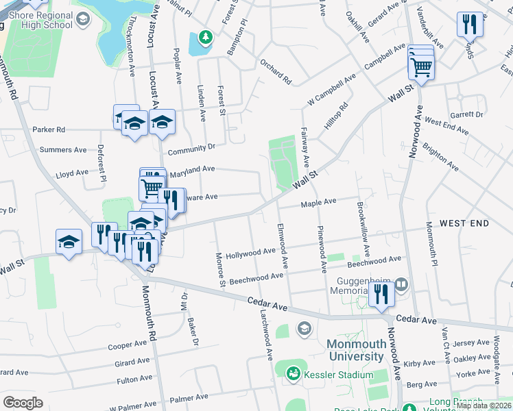 map of restaurants, bars, coffee shops, grocery stores, and more near 135 Wall Street in West Long Branch