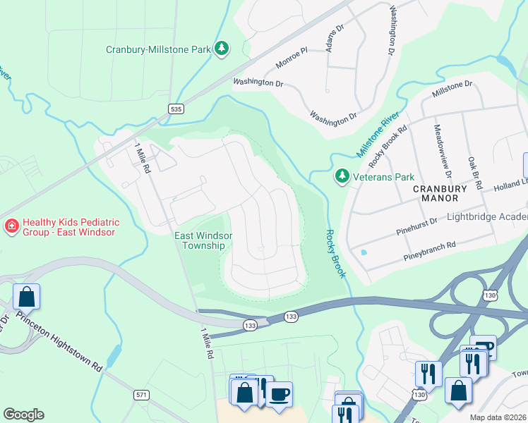 map of restaurants, bars, coffee shops, grocery stores, and more near 15 Copernicus Court in East Windsor
