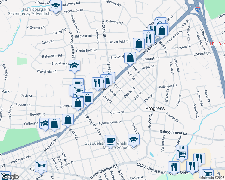 map of restaurants, bars, coffee shops, grocery stores, and more near 50 Oak Street in Harrisburg