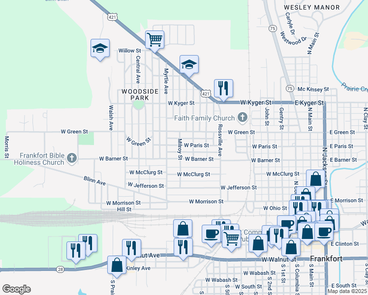 map of restaurants, bars, coffee shops, grocery stores, and more near 1053 West Paris Street in Frankfort