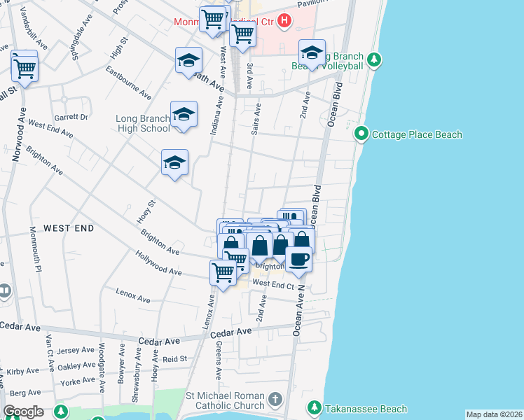 map of restaurants, bars, coffee shops, grocery stores, and more near 135 Hulick Street in Long Branch