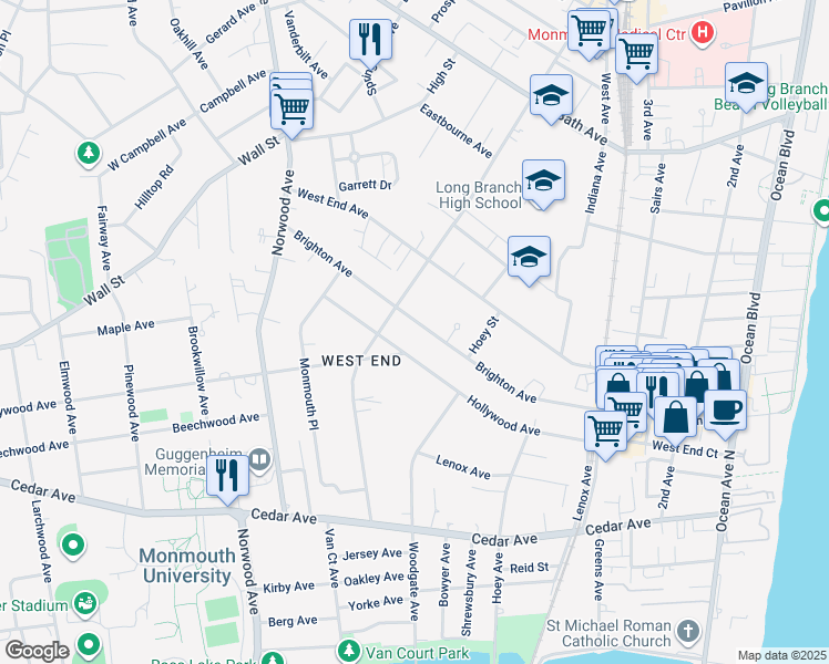 map of restaurants, bars, coffee shops, grocery stores, and more near 344 Brighton Avenue in Long Branch