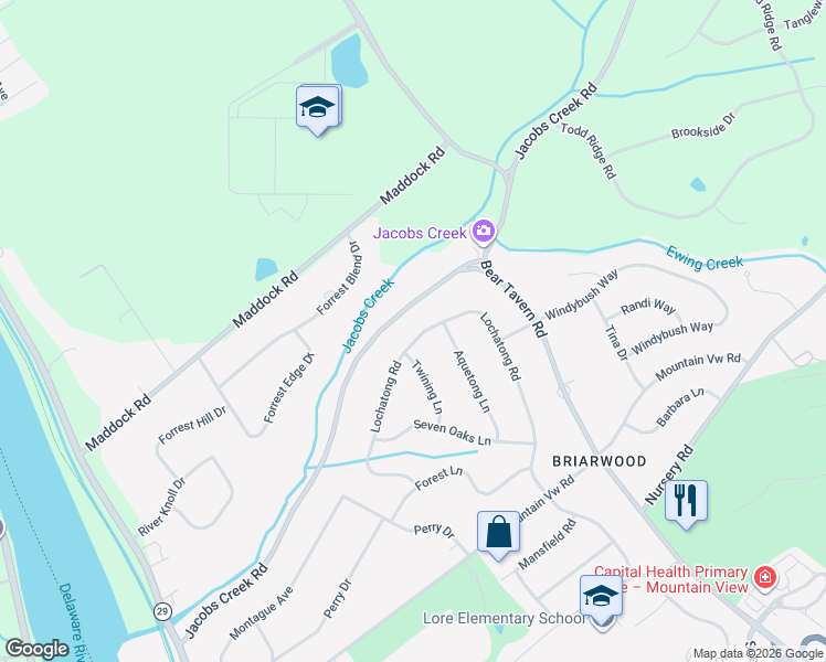 map of restaurants, bars, coffee shops, grocery stores, and more near 64 Lochatong Road in Ewing Township