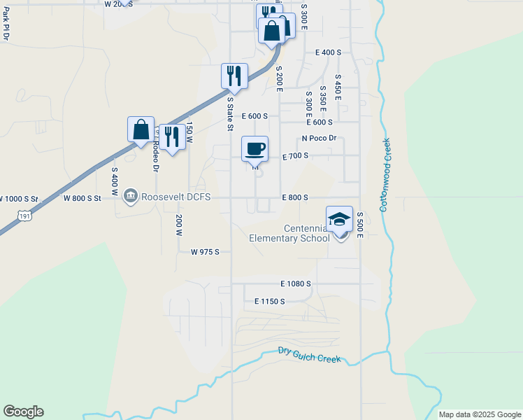 map of restaurants, bars, coffee shops, grocery stores, and more near 90 East 800 South in Roosevelt