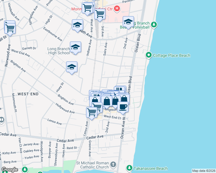 map of restaurants, bars, coffee shops, grocery stores, and more near 135 Hulick Street in Long Branch