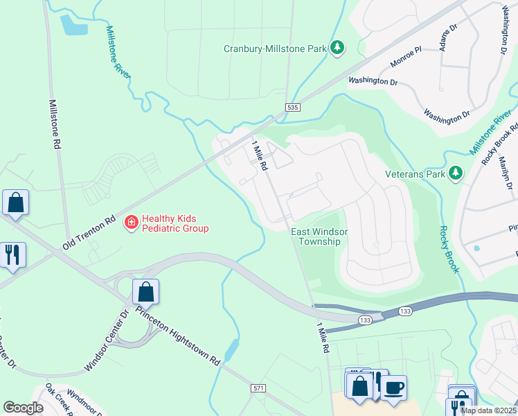 map of restaurants, bars, coffee shops, grocery stores, and more near 2433 Old Stone Mill Drive in East Windsor