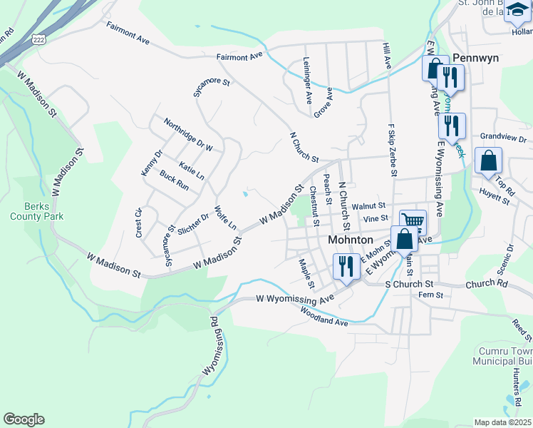 map of restaurants, bars, coffee shops, grocery stores, and more near 159 West Madison Street in Mohnton