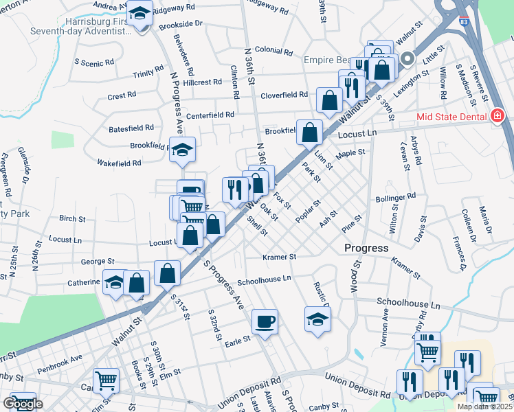 map of restaurants, bars, coffee shops, grocery stores, and more near 50 Oak Street in Harrisburg