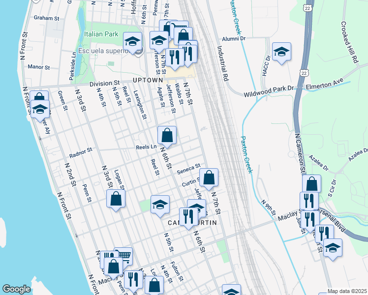 map of restaurants, bars, coffee shops, grocery stores, and more near 655 Schuylkill Street in Harrisburg