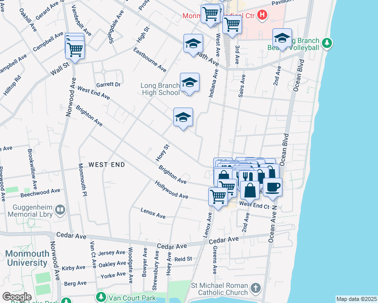 map of restaurants, bars, coffee shops, grocery stores, and more near 231 West End Avenue in Long Branch
