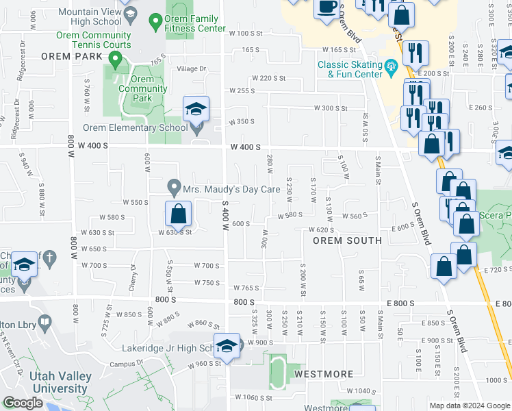 map of restaurants, bars, coffee shops, grocery stores, and more near 555 330 West in Orem