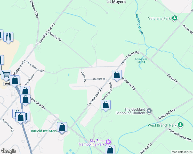 map of restaurants, bars, coffee shops, grocery stores, and more near 308 Hamlet Drive in Chalfont