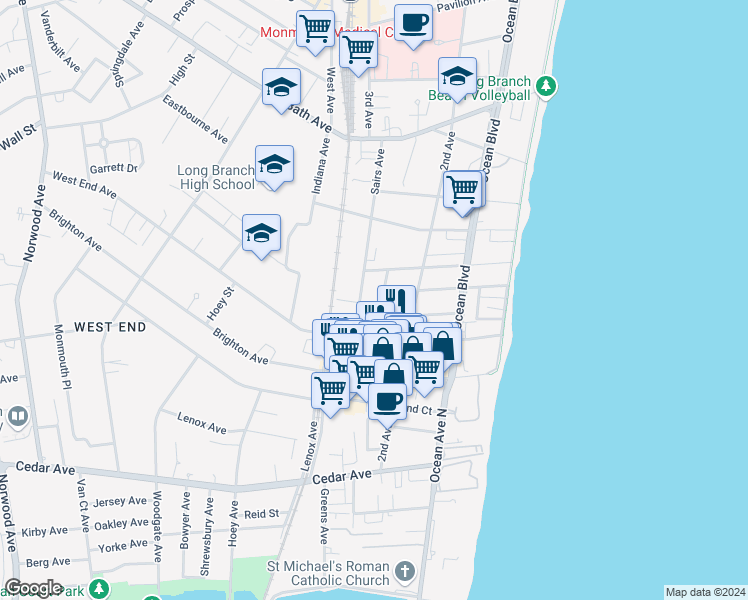 map of restaurants, bars, coffee shops, grocery stores, and more near 131 Hulick Street in Long Branch