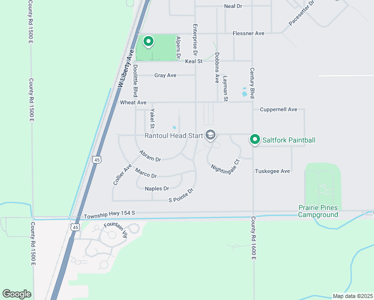 map of restaurants, bars, coffee shops, grocery stores, and more near 1321 Abram Drive in Rantoul