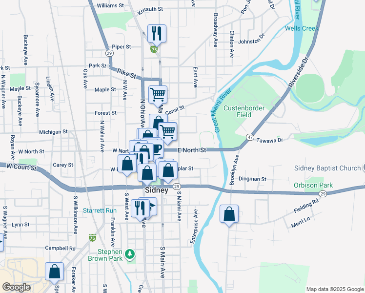 map of restaurants, bars, coffee shops, grocery stores, and more near 300 Sidney Piqua Road in Sidney