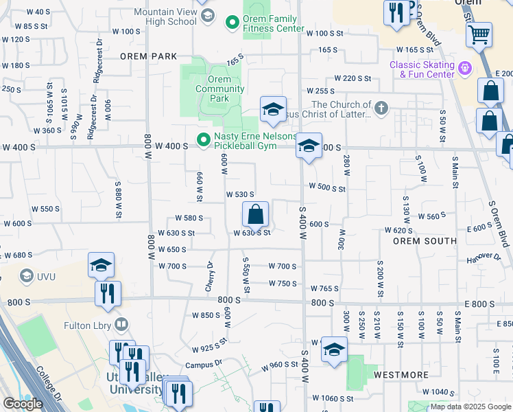 map of restaurants, bars, coffee shops, grocery stores, and more near 550 South 520 West in Orem