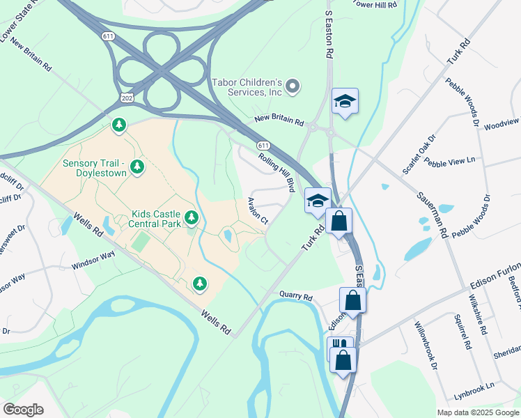 map of restaurants, bars, coffee shops, grocery stores, and more near 31 Addison Court in Doylestown