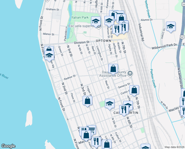 map of restaurants, bars, coffee shops, grocery stores, and more near 2541 North 4th Street in Harrisburg