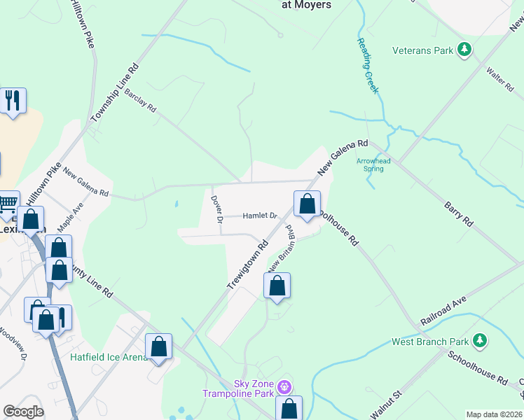 map of restaurants, bars, coffee shops, grocery stores, and more near 308 Hamlet Drive in Chalfont