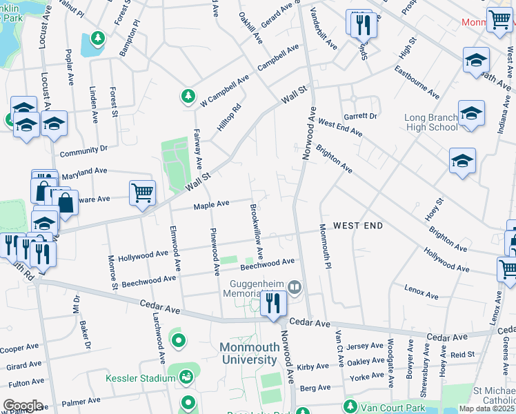 map of restaurants, bars, coffee shops, grocery stores, and more near 32 Brookwillow Avenue in West Long Branch