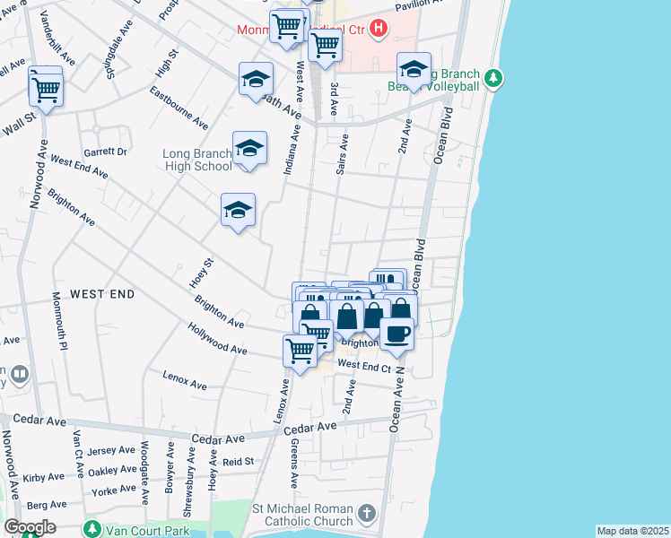 map of restaurants, bars, coffee shops, grocery stores, and more near 135 Hulick Street in Long Branch