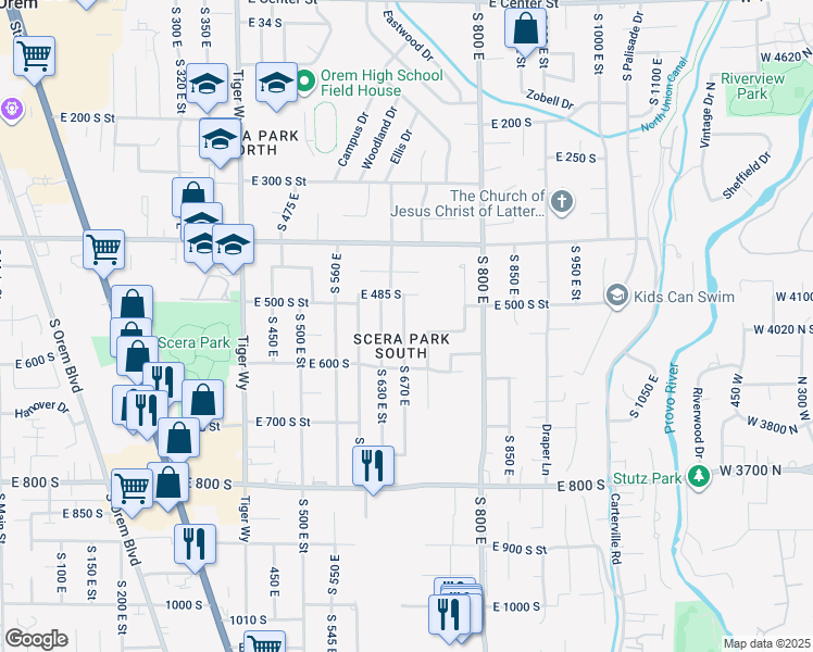 map of restaurants, bars, coffee shops, grocery stores, and more near 533 S 670 E in Orem