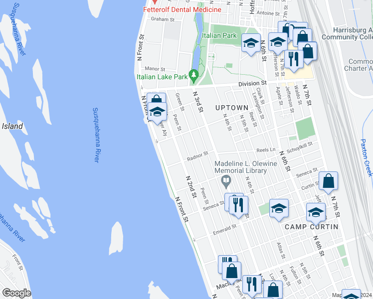 map of restaurants, bars, coffee shops, grocery stores, and more near 2613 Penn Street in Harrisburg