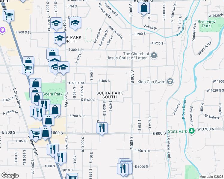 map of restaurants, bars, coffee shops, grocery stores, and more near 533 South 670 East in Orem