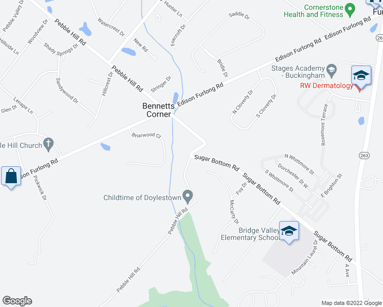 map of restaurants, bars, coffee shops, grocery stores, and more near 1039 Pebble Hill Road in Doylestown