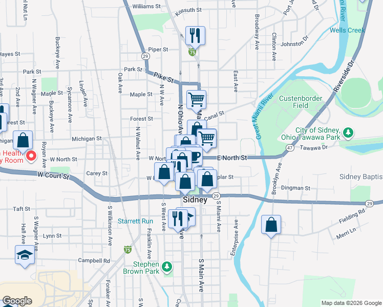 map of restaurants, bars, coffee shops, grocery stores, and more near 122 East North Street in Sidney