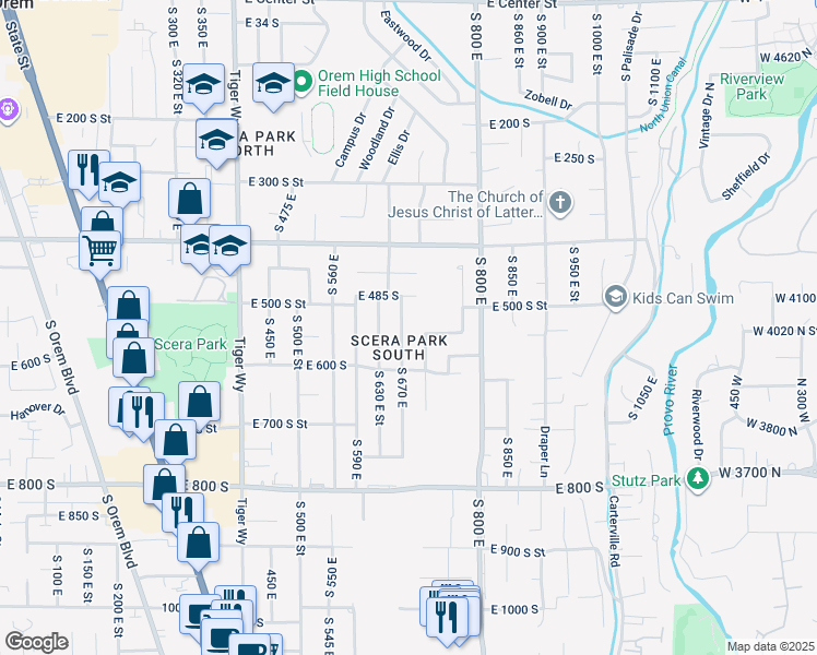 map of restaurants, bars, coffee shops, grocery stores, and more near 533 South 670 East in Orem