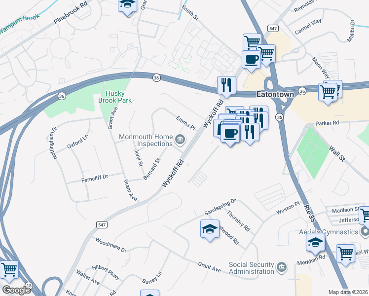 map of restaurants, bars, coffee shops, grocery stores, and more near 217 Wyckoff Road in Eatontown