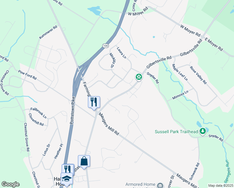 map of restaurants, bars, coffee shops, grocery stores, and more near 1655 Gilbertsville Road in Pottstown