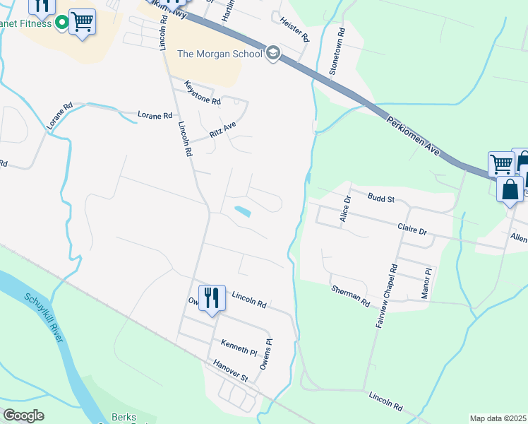 map of restaurants, bars, coffee shops, grocery stores, and more near 6130 Pond View Drive in Birdsboro