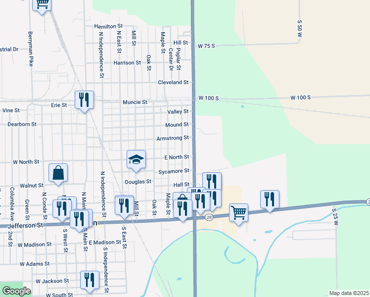 map of restaurants, bars, coffee shops, grocery stores, and more near 409 Poplar Street in Tipton