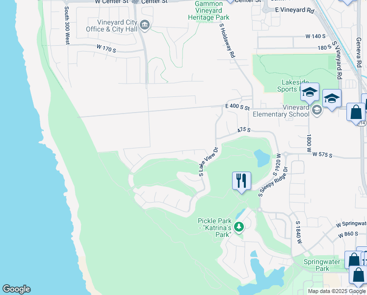 map of restaurants, bars, coffee shops, grocery stores, and more near 167 East Lake View Drive in Vineyard