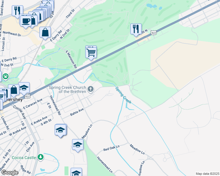 map of restaurants, bars, coffee shops, grocery stores, and more near 20 Spring Creek Manor in Hershey