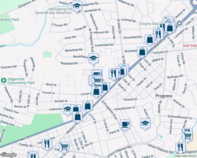 map of restaurants, bars, coffee shops, grocery stores, and more near 3310 Spring St in Harrisburg