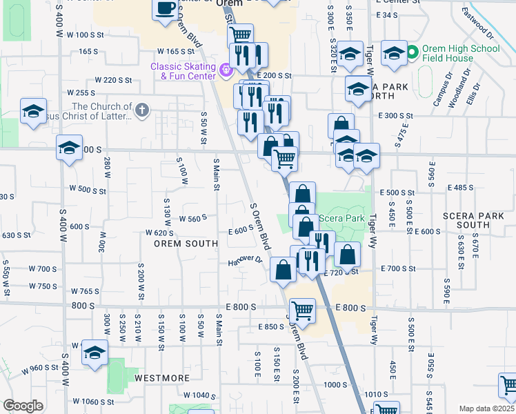 map of restaurants, bars, coffee shops, grocery stores, and more near 557 South 70 East Street in Orem