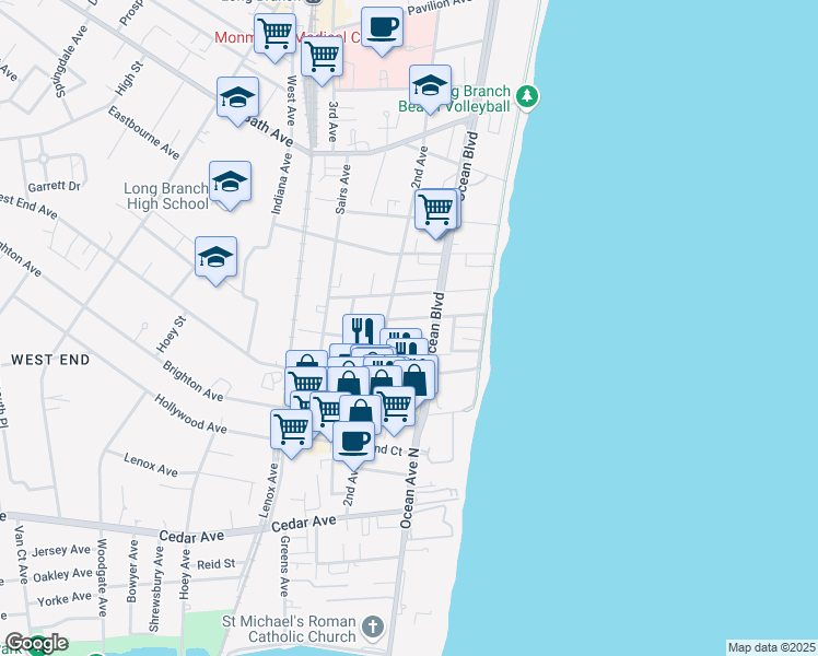 map of restaurants, bars, coffee shops, grocery stores, and more near 49 Passey Gardens in Long Branch
