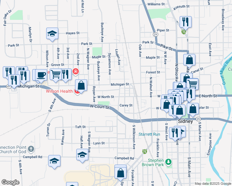 map of restaurants, bars, coffee shops, grocery stores, and more near 606 West North Street in Sidney