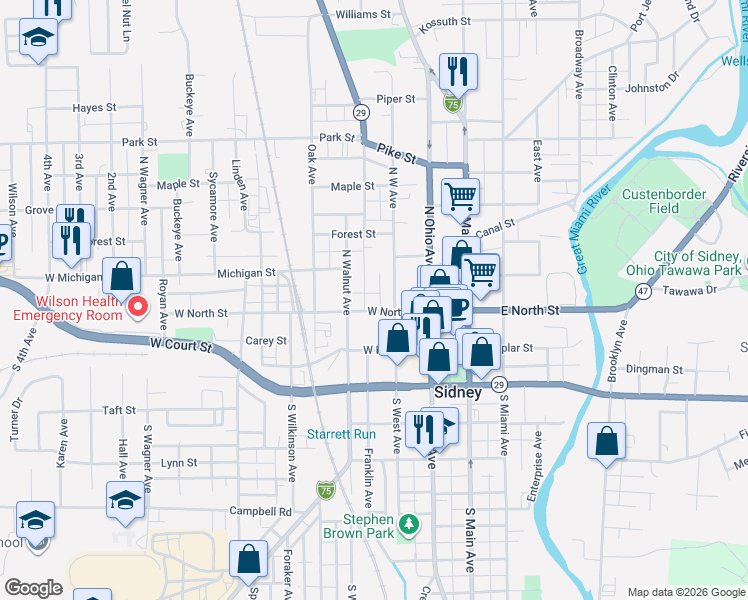 map of restaurants, bars, coffee shops, grocery stores, and more near 211 New Street in Sidney