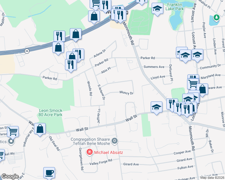 map of restaurants, bars, coffee shops, grocery stores, and more near 33 Muncy Drive in West Long Branch