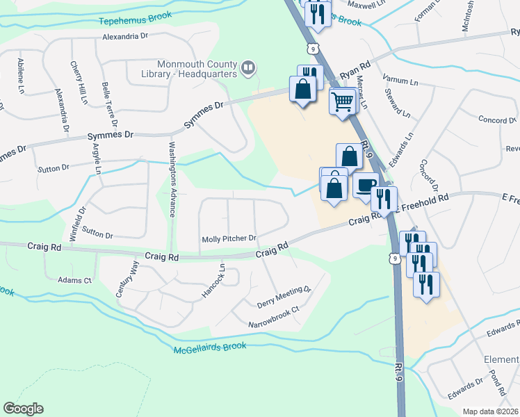 map of restaurants, bars, coffee shops, grocery stores, and more near 27 Molly Pitcher Drive in Manalapan Township