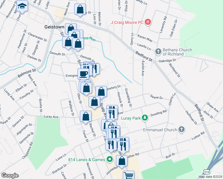 map of restaurants, bars, coffee shops, grocery stores, and more near 901 Alwine Street in Johnstown