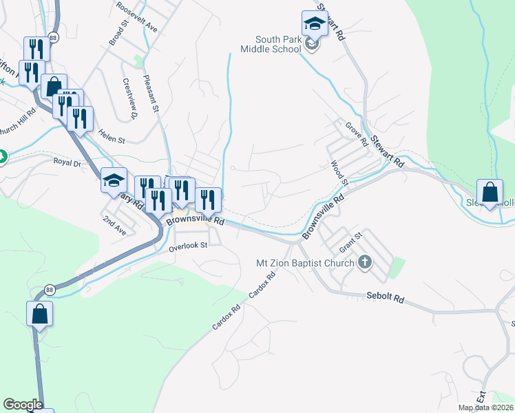 map of restaurants, bars, coffee shops, grocery stores, and more near 4000 Brownsville Road in South Park Township