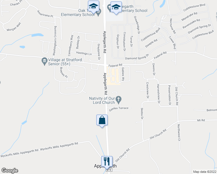 map of restaurants, bars, coffee shops, grocery stores, and more near 193 Applegarth Road in Monroe Township
