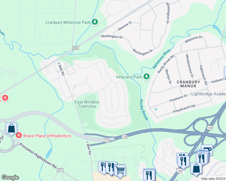 map of restaurants, bars, coffee shops, grocery stores, and more near 15 Copernicus Court in East Windsor