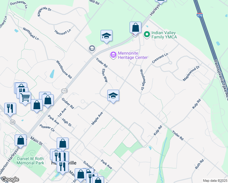 map of restaurants, bars, coffee shops, grocery stores, and more near 506 Devon Circle in Harleysville
