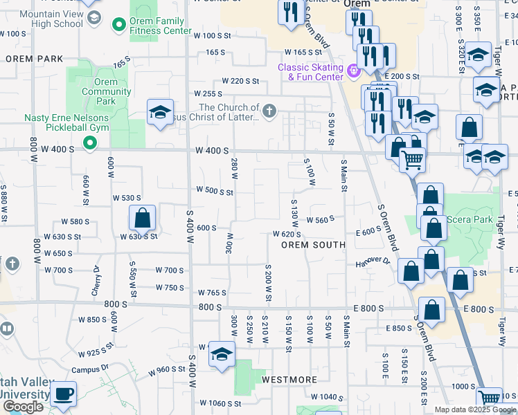 map of restaurants, bars, coffee shops, grocery stores, and more near 217 West 530 South in Orem